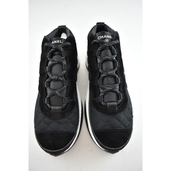 Chanel 21B Mens Black Suede White CC Logo Lace Up Mid Top Trainer Sneaker 44 11 - Picture 6 of 12